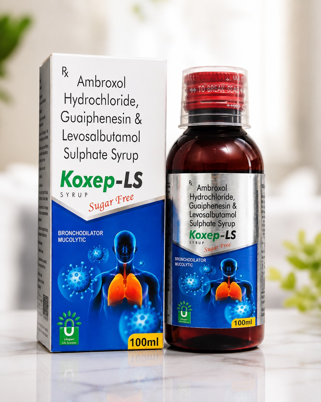 Koxep-LS Sugar-Free Syrup 100 ml containing Ambroxol Hydrochloride, Guaiphenesin and Levosalbutamol Sulphate