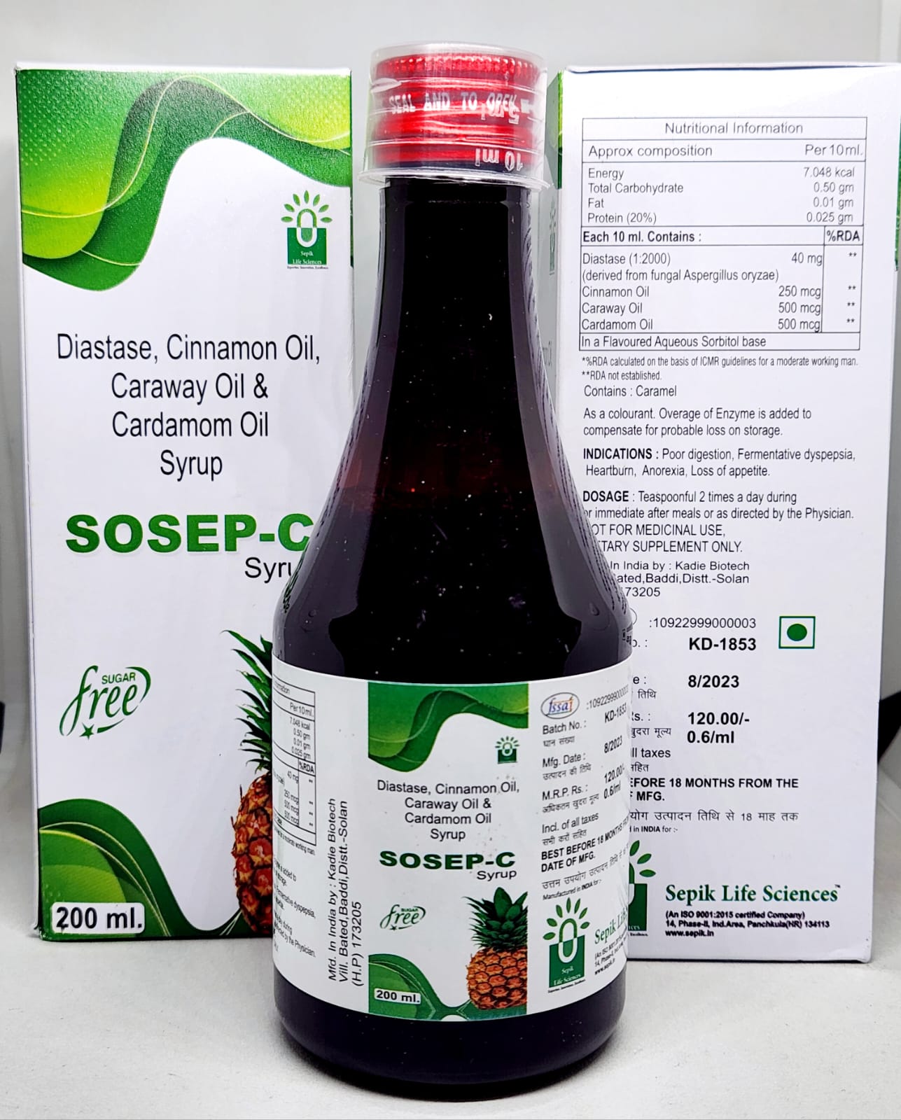 SOSEP-C Syrup 200 ml with Diastase, Cinnamon Oil, Caraway Oil and Cardamom Oil by Sepik Life Sciences