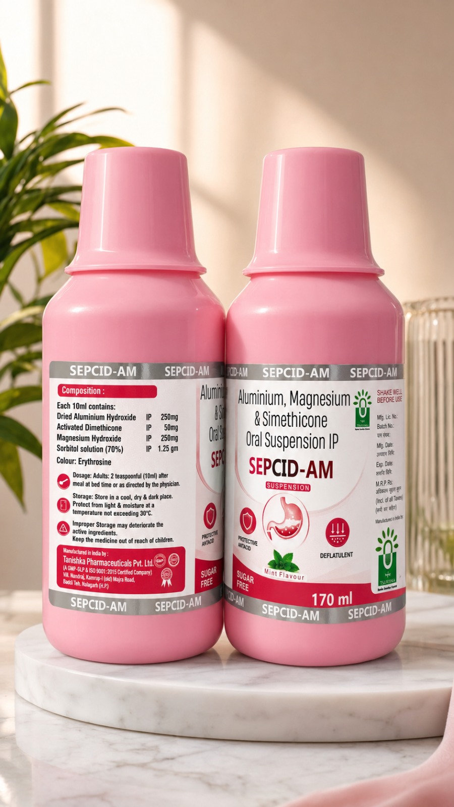 SEPCID-AM Aluminium, Magnesium and Simethicone Oral Suspension IP 170 mL mint flavour sugar-free bottle.