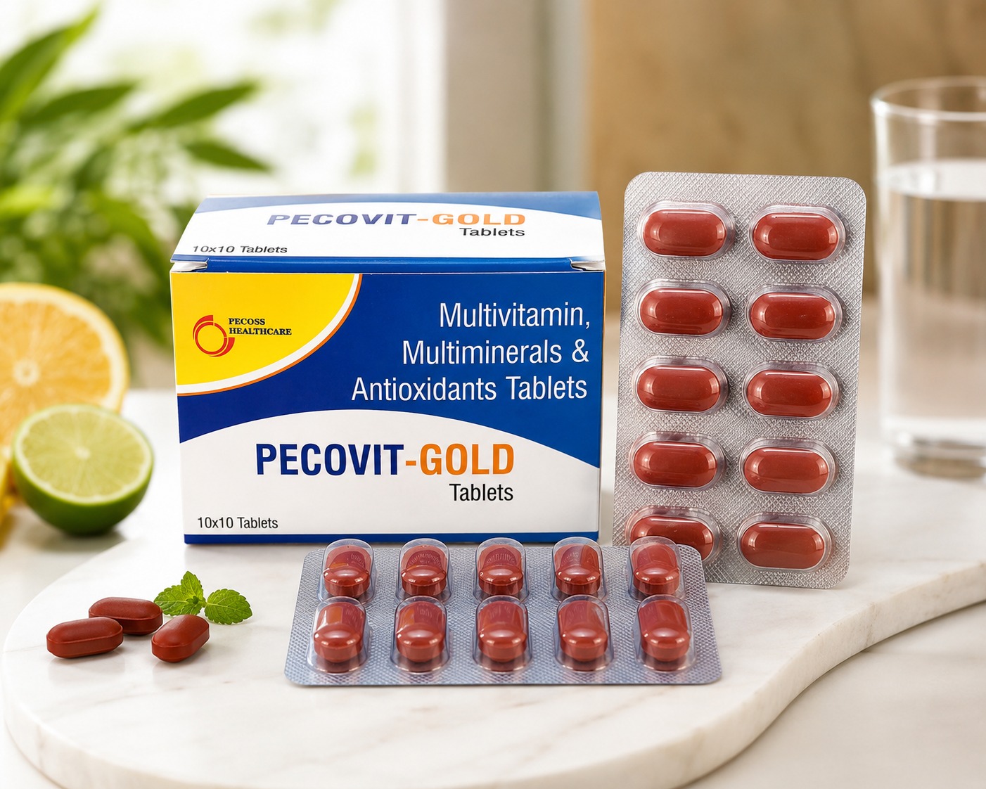 PECOVIT-GOLD Multivitamin Multiminerals and Antioxidants Tablets with blister packs and blue and white carton packaging.