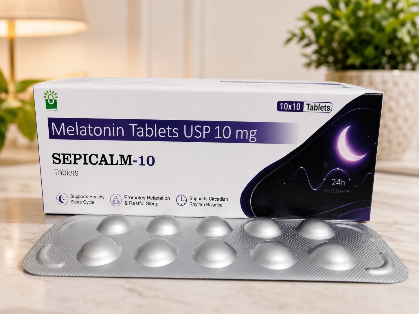 SEPICALM-10 Melatonin Tablets USP 10 mg with blister pack and premium purple and white carton packaging.