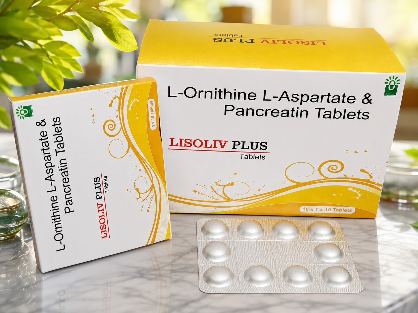 LISOLIV PLUS L-Ornithine L-Aspartate and Pancreatin Tablets with blister pack and premium white and gold carton packaging.