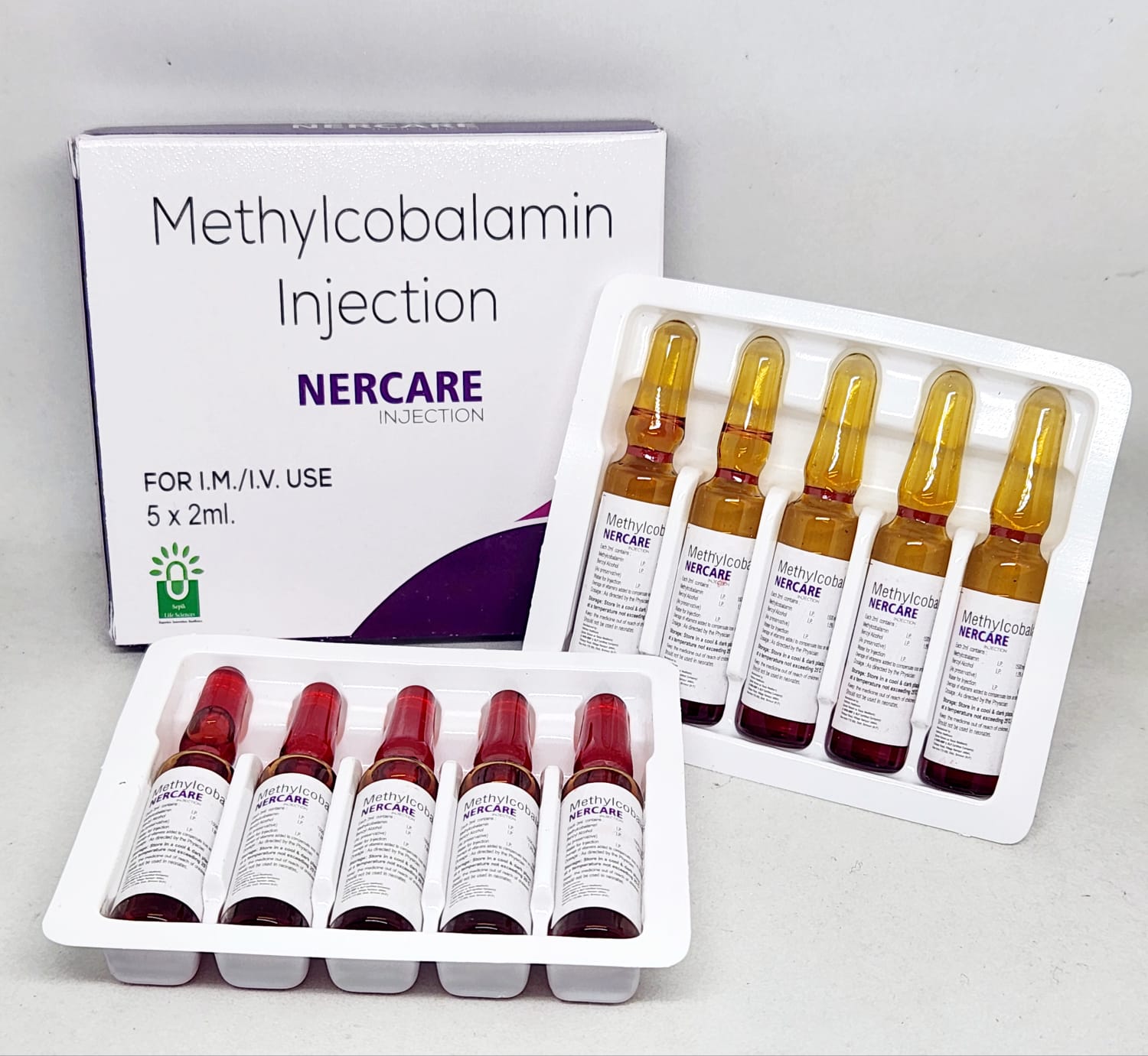 Nercare Methylcobalamin Injection 5 x 2ml ampoules for IM and IV use with product box and injection trays.
